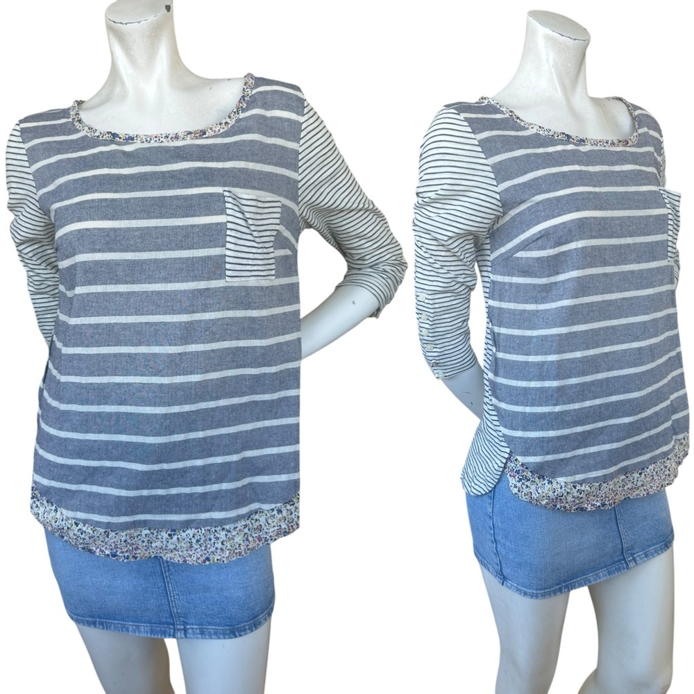 Anthropologie Blue & White Mixed Stripe Flower Trim Pocket 3/4 Sleeve Blouse Med